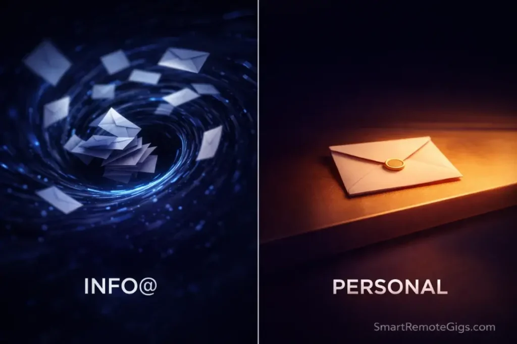 Visual comparison between emails getting lost in a generic info@ black hole versus landing in a personal inbox.