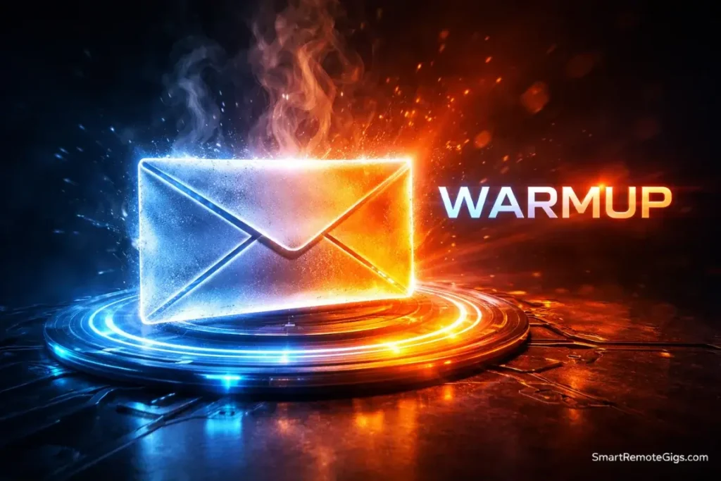 A glass envelope heating up on a digital pad from blue to orange, symbolizing the email domain warmup process.