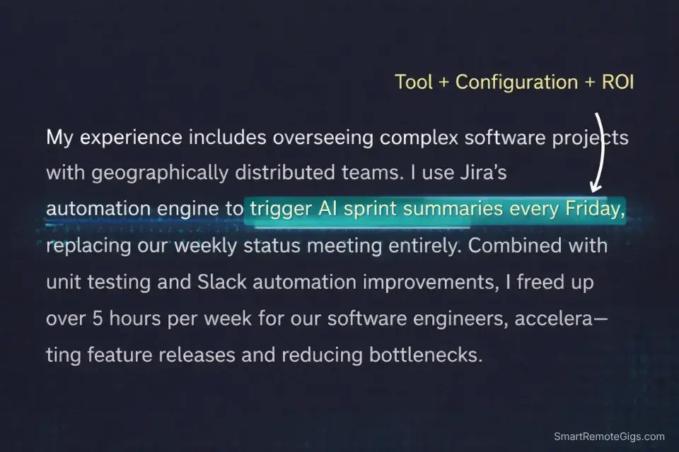 Screenshot of a project manager cover letter paragraph properly highlighting Jira automation skills and meeting reduction ROI.