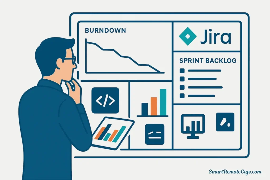 An illustration of a technical project manager using a complex Jira dashboard for a software development project, showing its value for Agile teams.