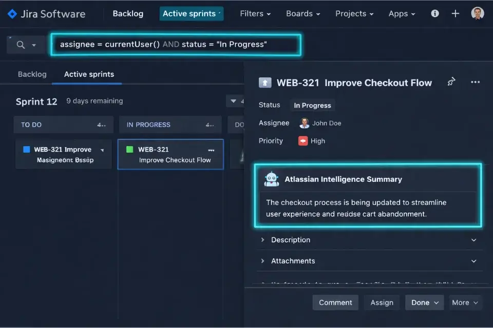 Screenshot of advanced Jira JQL queries and Atlassian Intelligence issue summaries used by remote engineering teams.