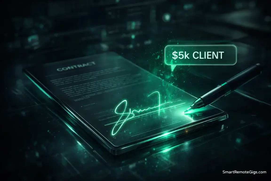 A futuristic digital contract being signed with a glowing green signature, representing a $5k freelance client win.