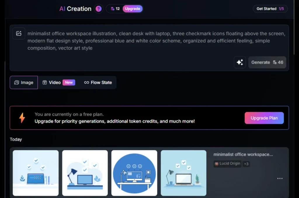 Screenshot from Leonardo.Ai showing four variations of a minimalist office graphic, created with an AI art prompt for social media.