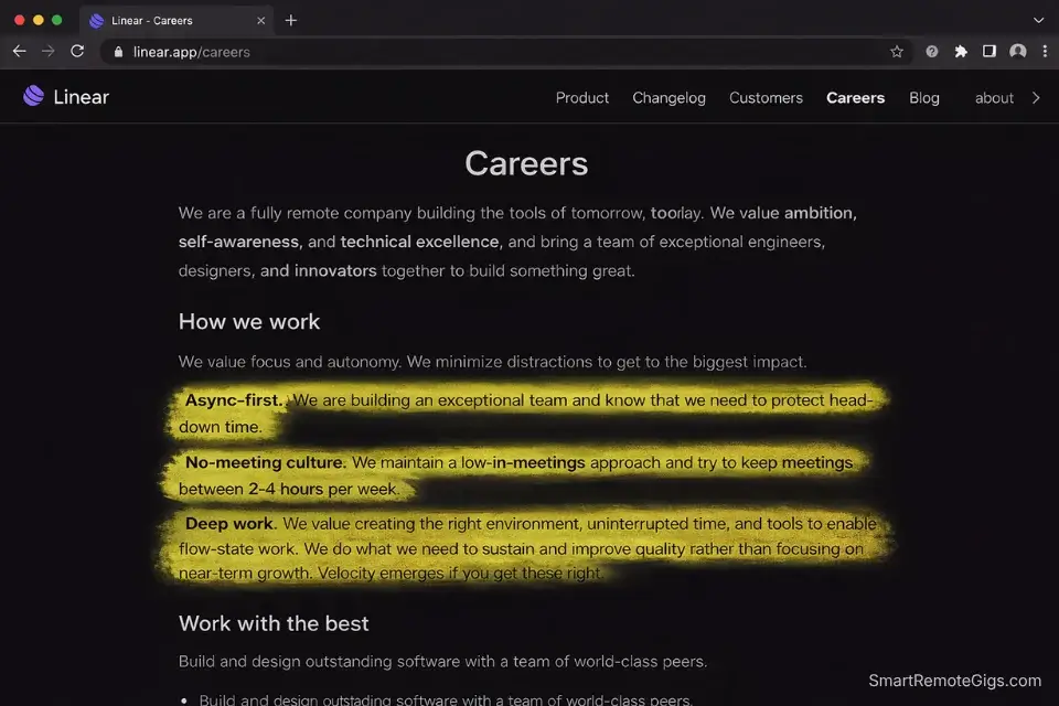 Screenshot of a remote project manager job listing at Linear highlighting an async-first engineering culture.