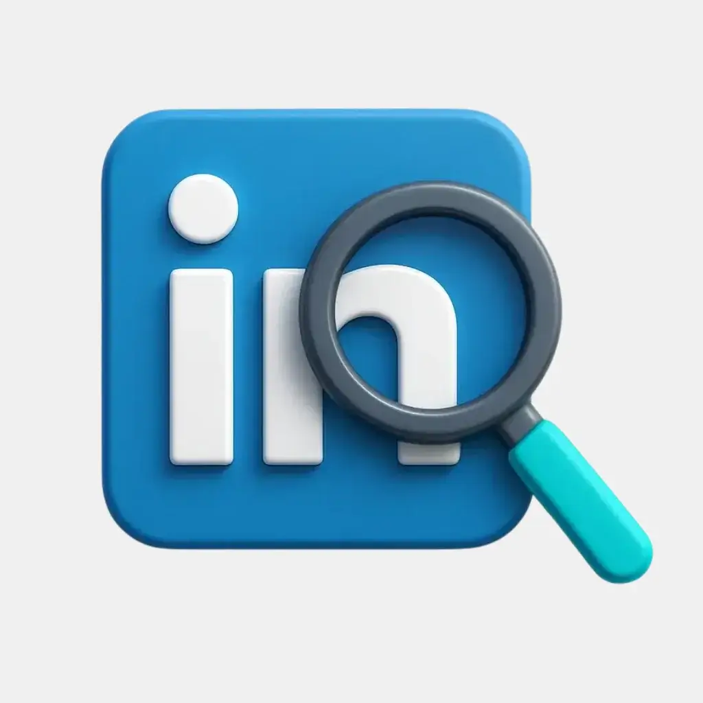 A 3D icon of a magnifying glass over a professional networking logo, symbolizing using LinkedIn for prospecting and finding contact details.