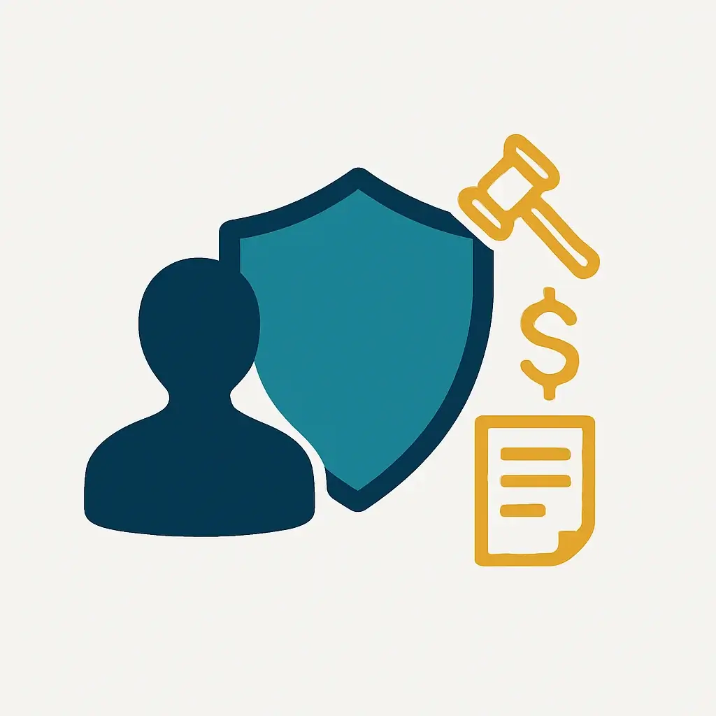 A clean line art icon showing a person silhouette protected by a solid shield from business-related icons, representing an LLC's liability protection.