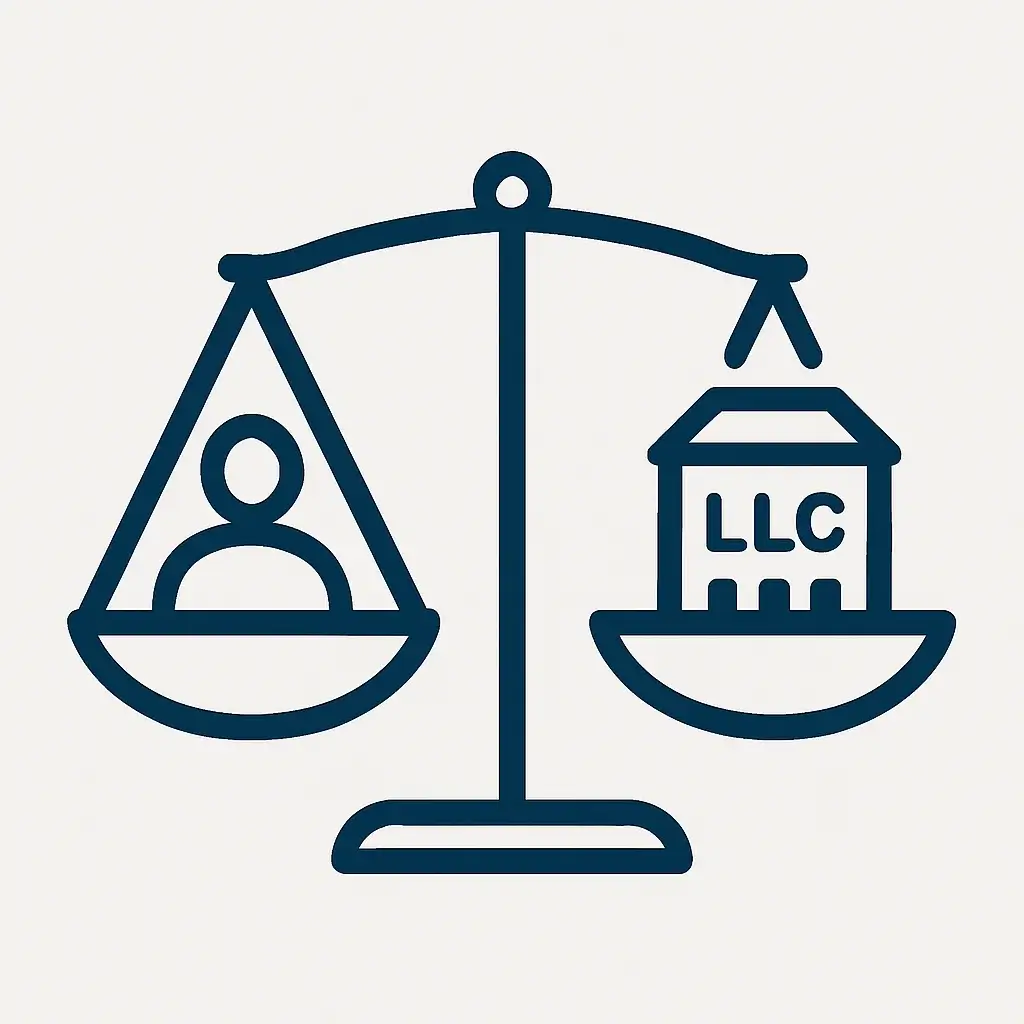 A clean line art icon of a balance scale, with a simple person icon on one side and a small building icon on the other, representing the comparison between a sole proprietorship and an LLC.
