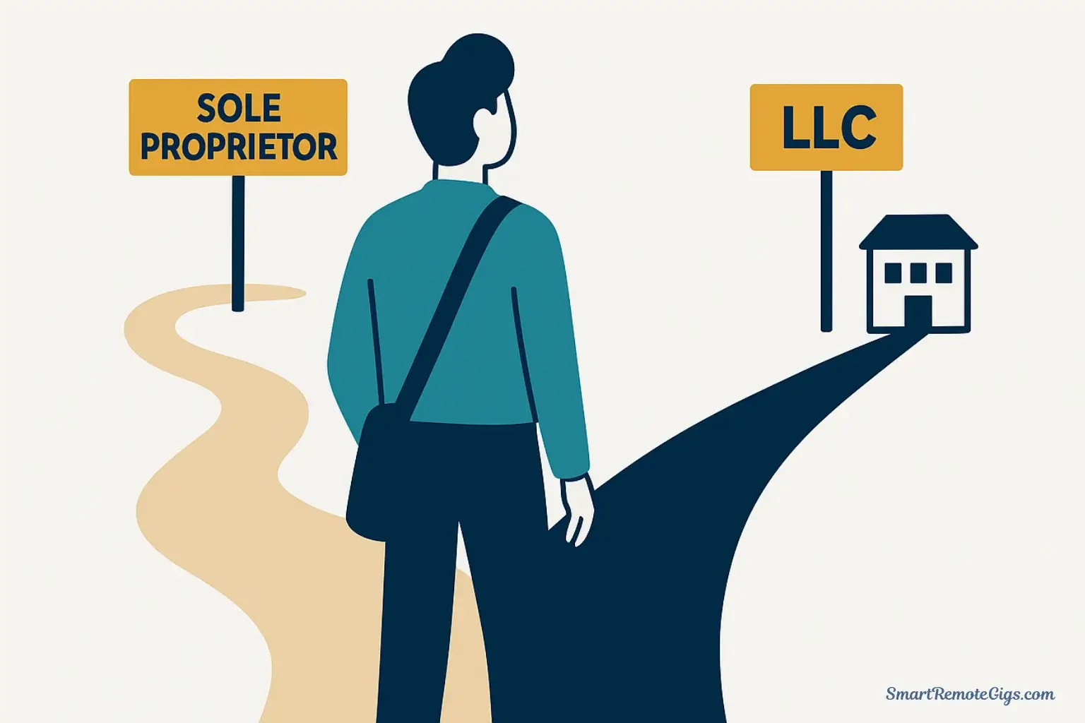 A minimalist vector illustration of a freelancer standing at a fork in the road. One path is simple and straight (Sole Proprietor) and the other is a more structured, solid path leading to a building (LLC).