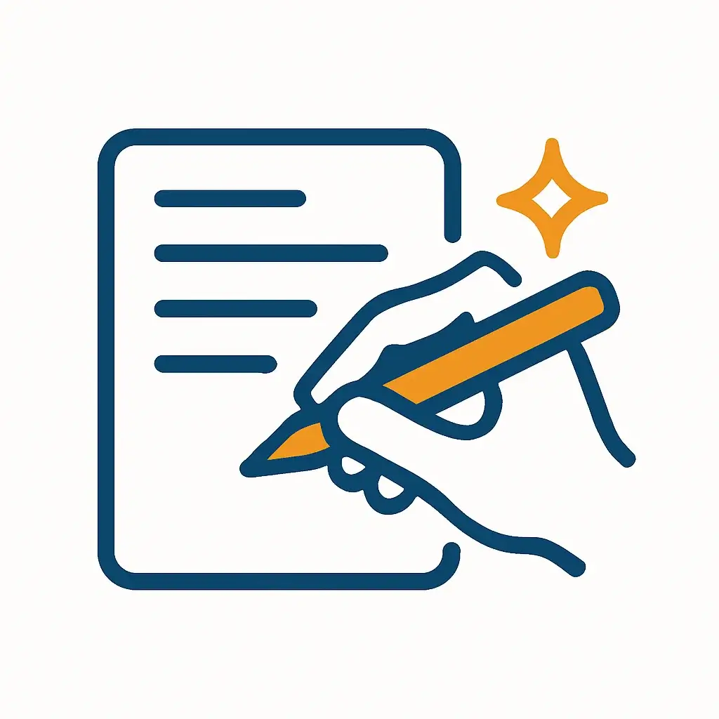 Step 3 for making AI art: An icon of a hand writing a prompt, representing the act of describing the desired image.