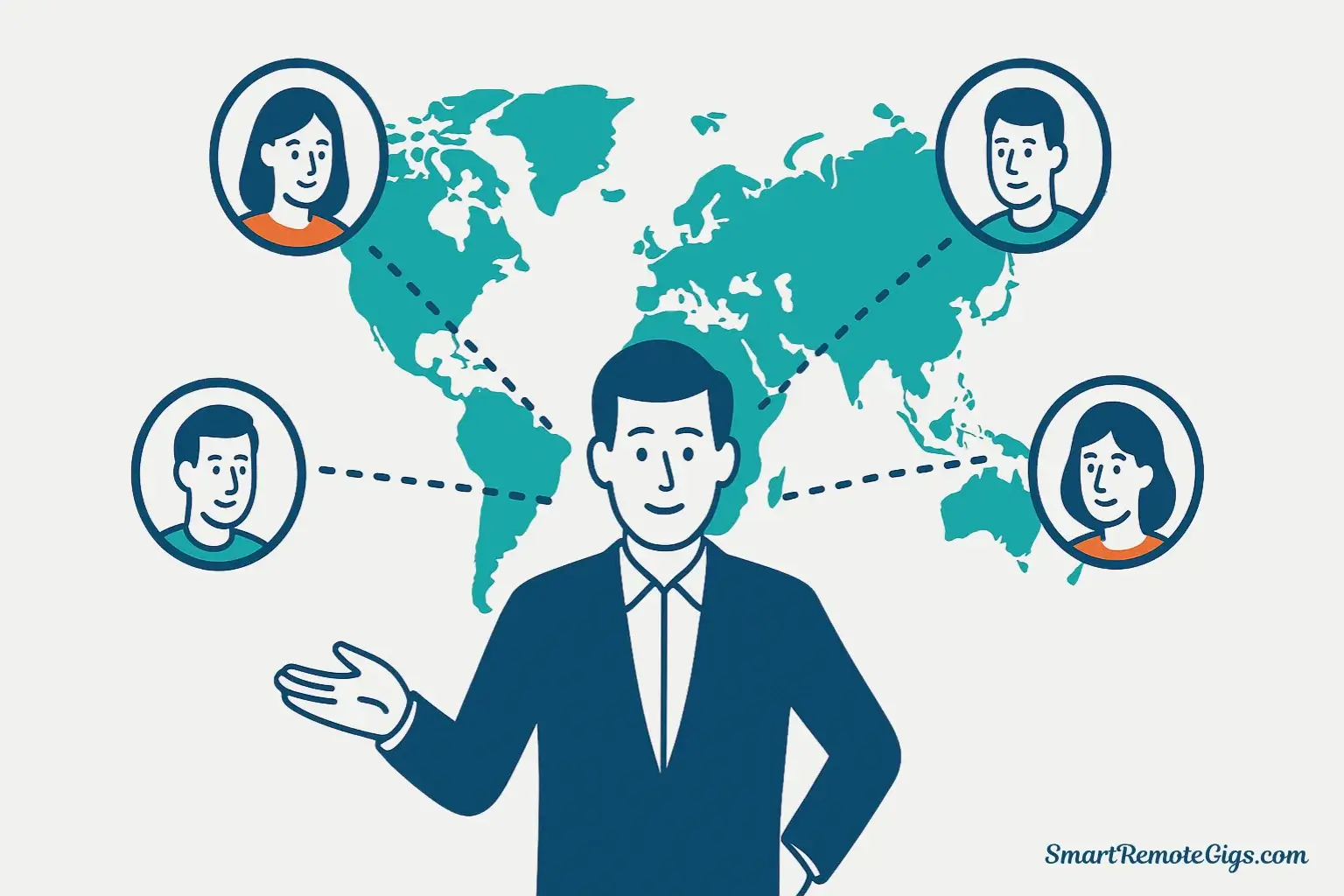 A project manager managing a remote team across different time zones on a world map, illustrating the concept of mastering async communication.