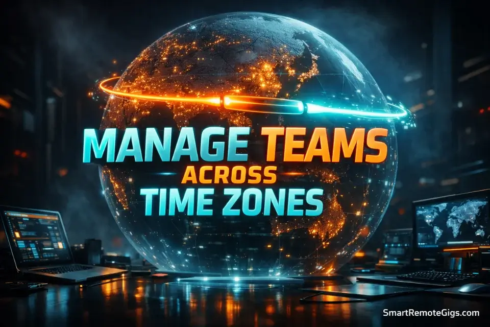 3D cinematic illustration of a futuristic global remote team workspace managing workflows across time zones.