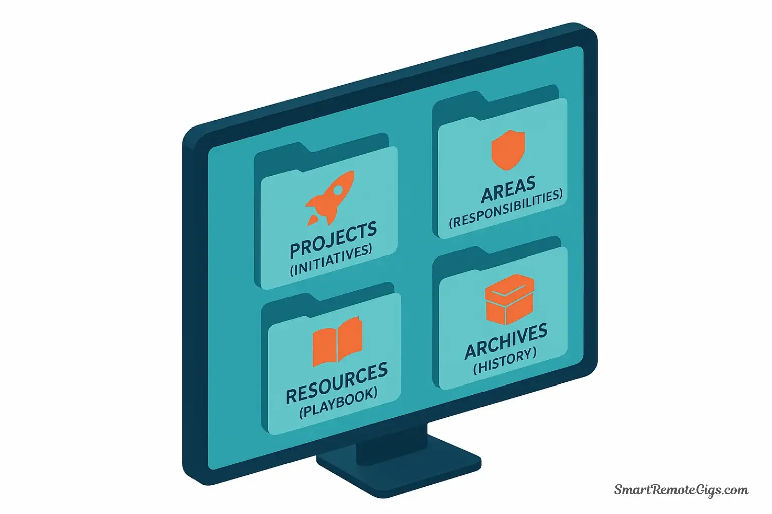 Vector illustration of the P.A.R.A. method for managers, with folders for Initiatives, Responsibilities, Leadership Playbook, and Archives.