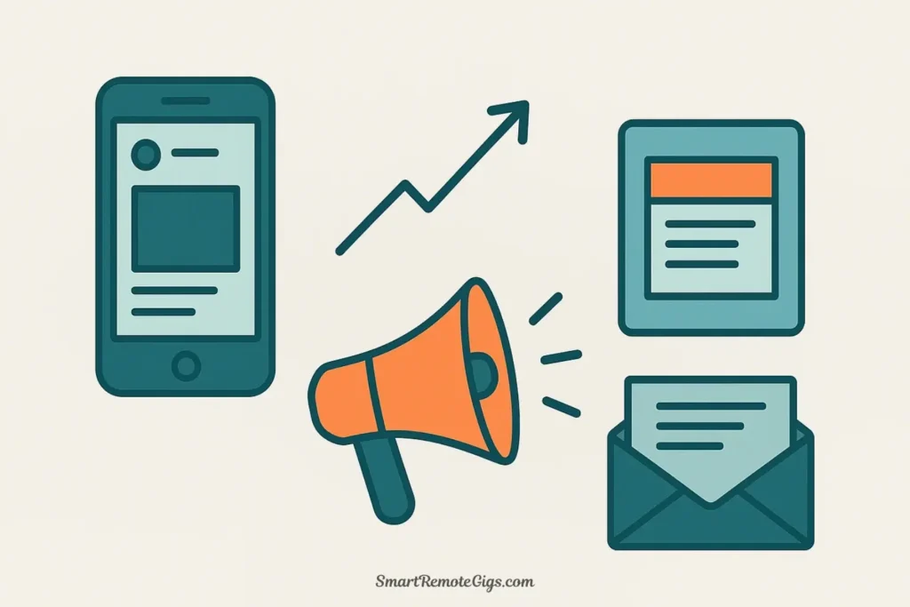 A top-down vector illustration of a workspace with marketing and sales items, including a social media icon, a megaphone, a sales chart, and an email marketing icon.