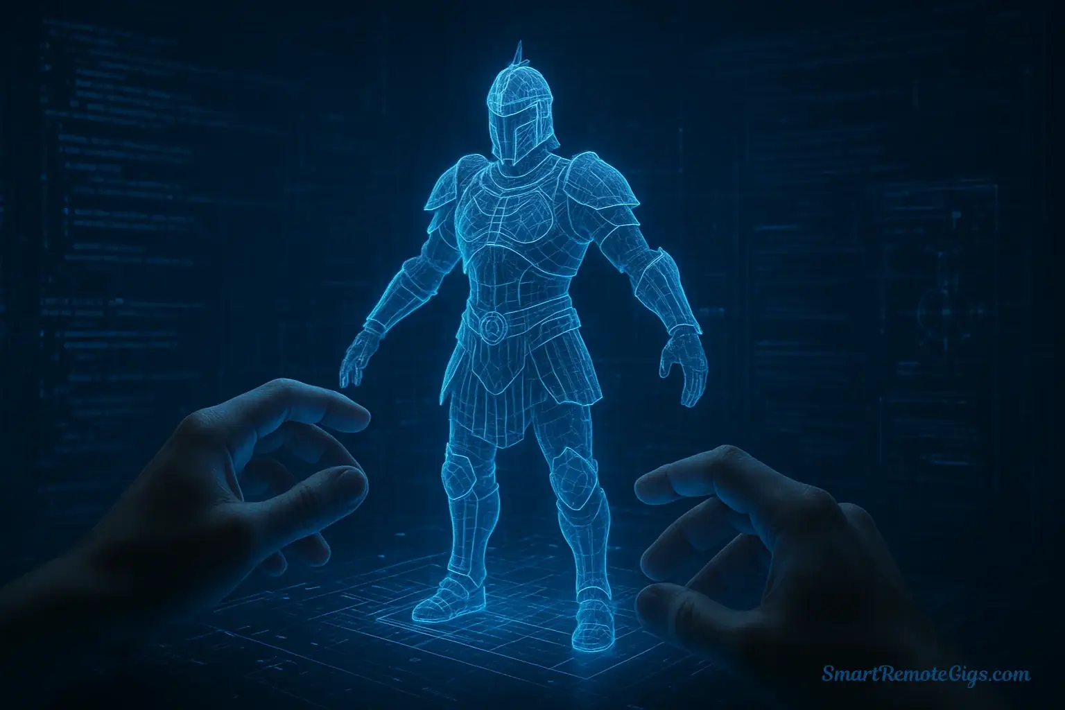 Conceptual art of a user precisely controlling a 3D model on a holographic interface, representing mastery of Stable Diffusion with LoRAs and ControlNet.