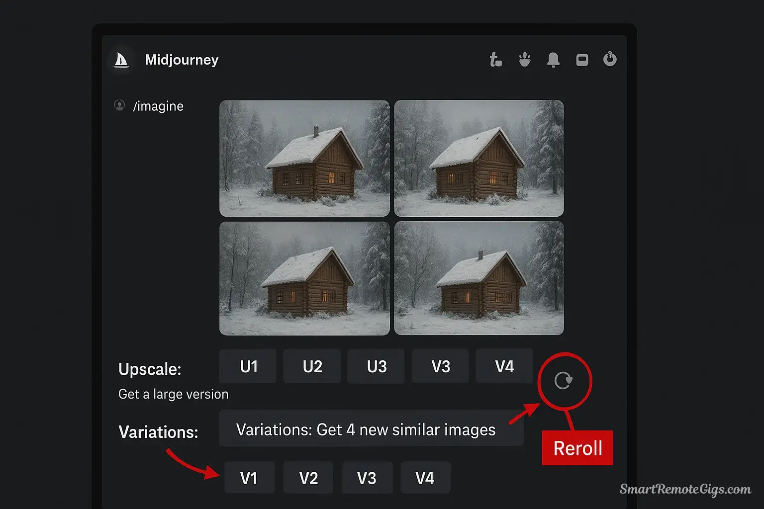 A 2x2 grid of images generated by Midjourney, with annotations clearly labeling the U (upscale) and V (variation) buttons below.