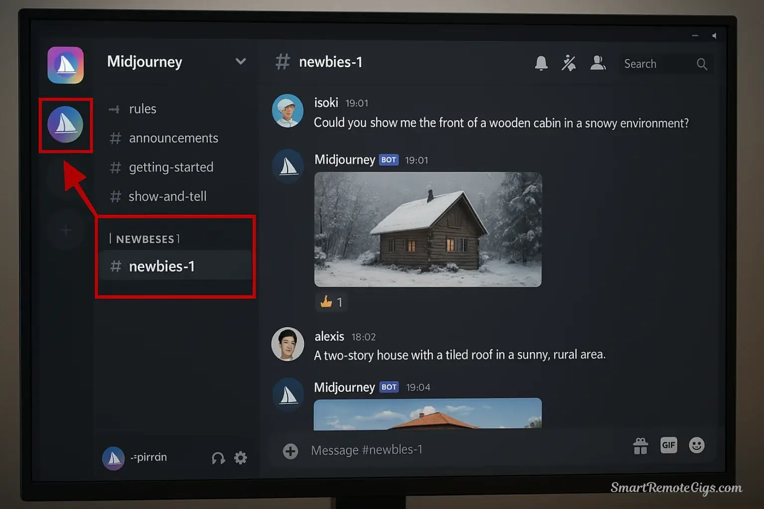 Screenshot of the Midjourney Discord server, with red boxes highlighting the 'newbies' channels where beginners can generate images.