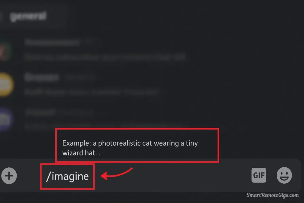 Screenshot showing how to type the /imagine command in Midjourney, with the prompt field and example text highlighted.