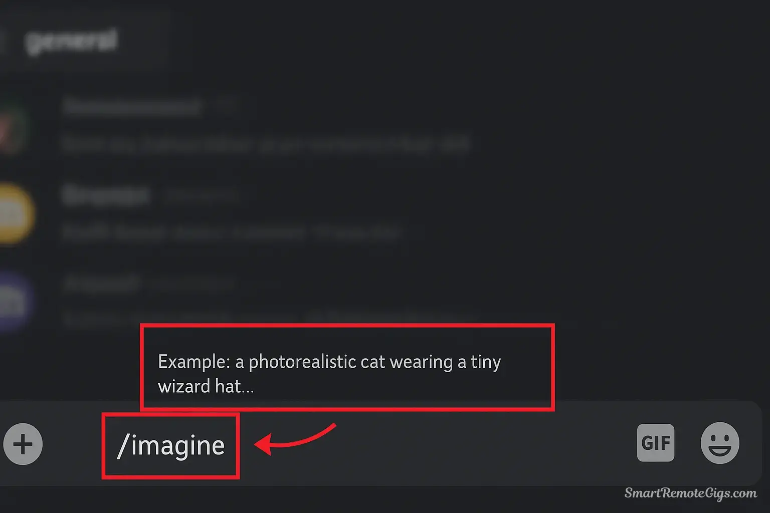 Screenshot showing how to type the /imagine command in Midjourney, with the prompt field and example text highlighted.