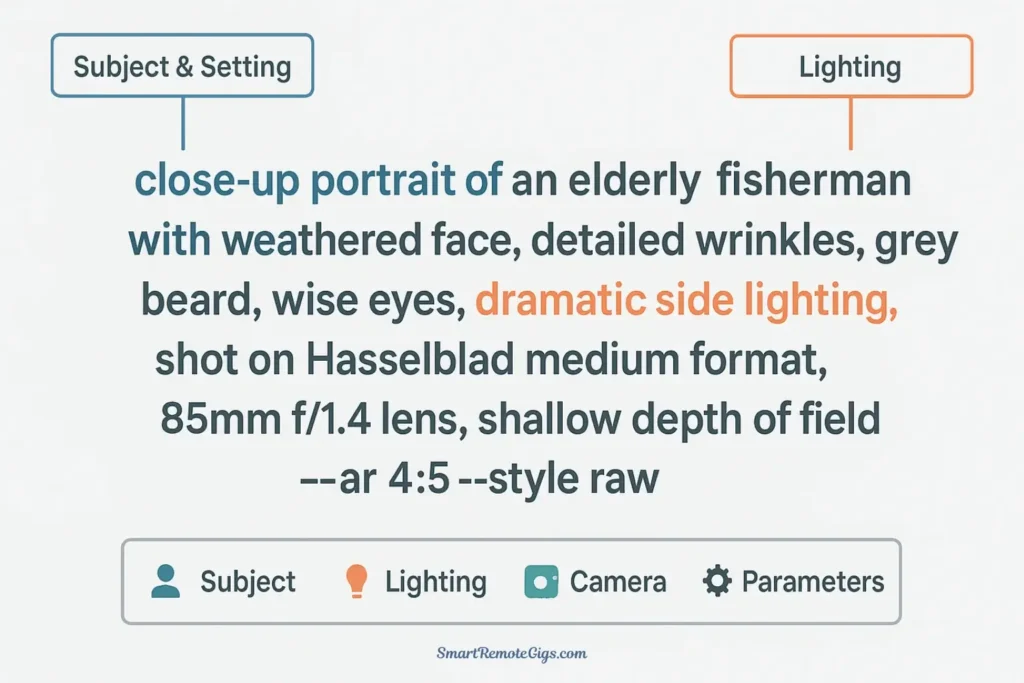 An infographic explaining the anatomy of a perfect Midjourney prompt, breaking it down into subject, lighting, camera, and parameter components.
