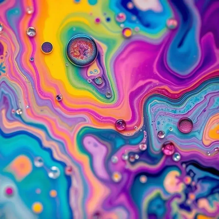 Photorealistic Midjourney result: An abstract macro photograph of oil in water, creating vibrant and psychedelic patterns.