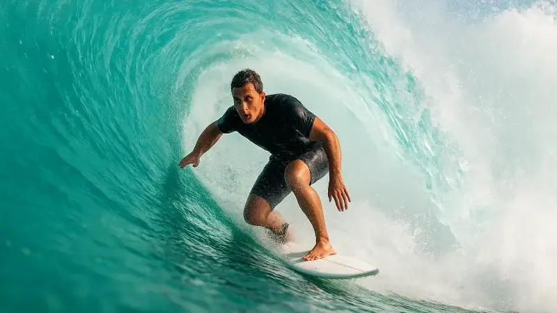 Photorealistic Midjourney result: A dynamic action sports photograph of a surfer inside a barrel wave.