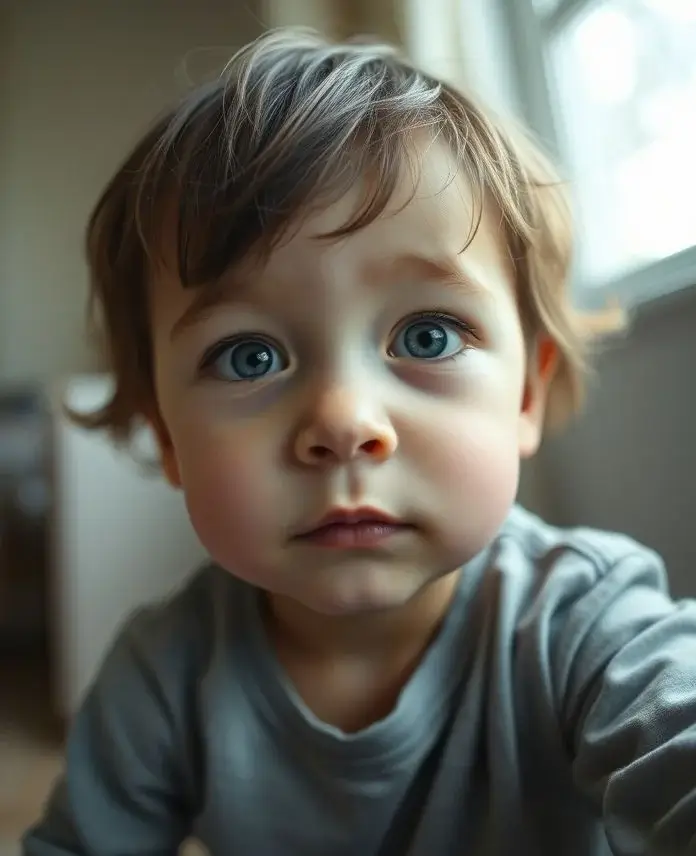 Photorealistic Midjourney result: An authentic portrait of a curious young child, representing age and character.