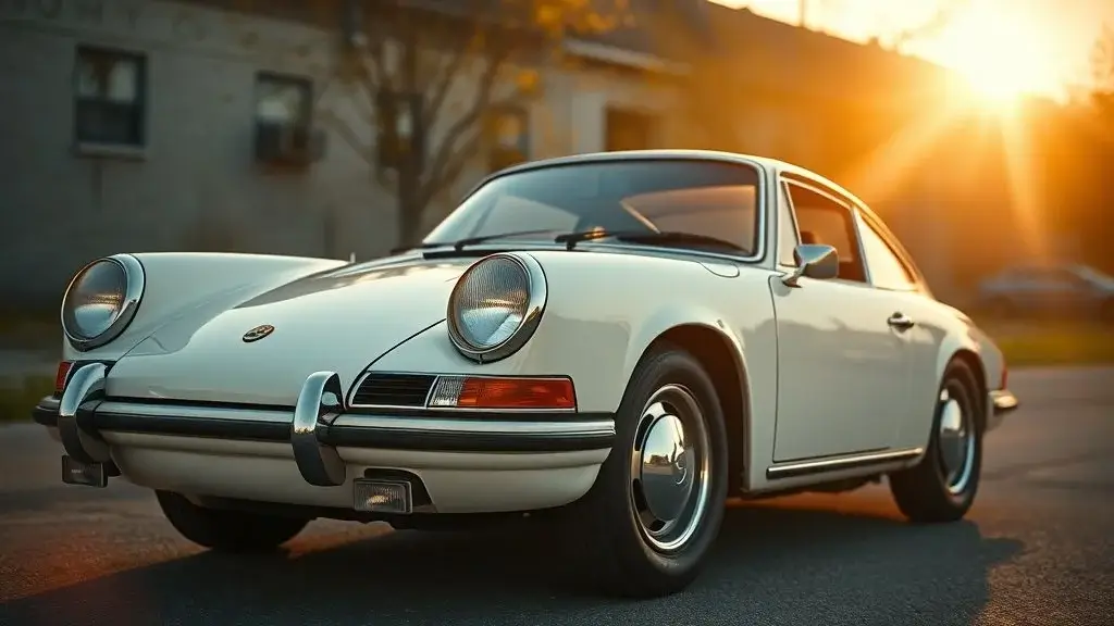 Photorealistic Midjourney result: Automotive photography of a vintage 1960s Porsche 911 at a low angle during golden hour.