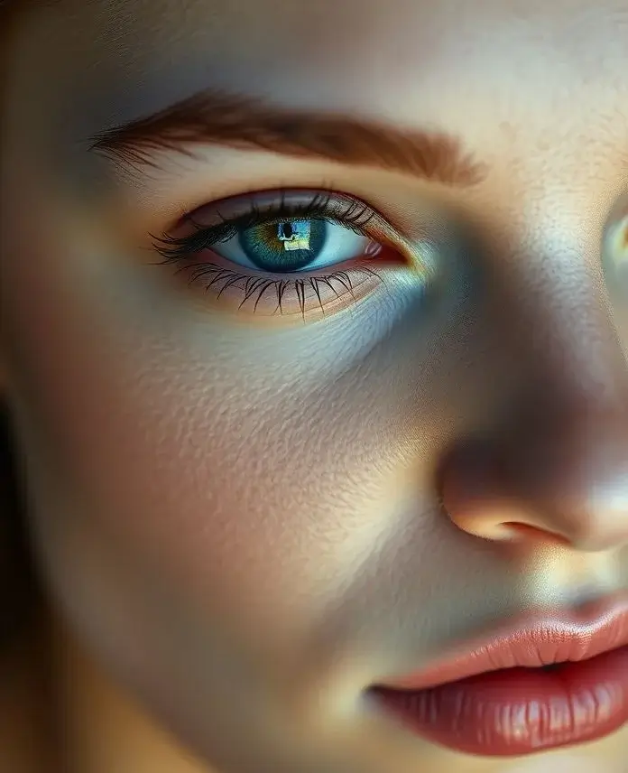 Photorealistic Midjourney result: An extreme close-up beauty shot of a woman's face, showing macro detail.