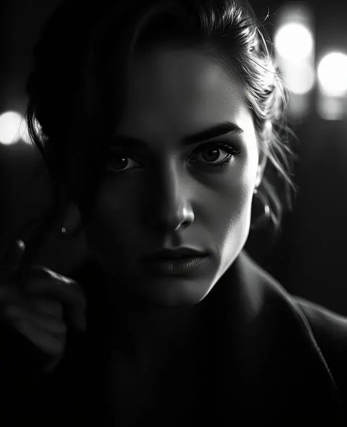 Photorealistic Midjourney result: A dramatic black and white film noir style portrait with high-contrast lighting.