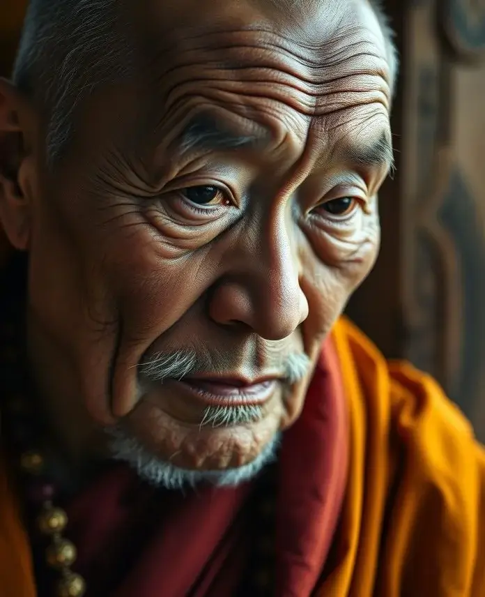 Photorealistic Midjourney result: A detailed character study portrait of an elderly Tibetan monk with dramatic lighting.