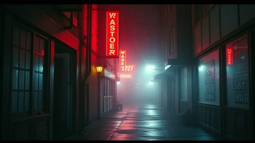 Photorealistic Midjourney result: A cinematic shot of a neon-lit, rainy alley inspired by the movie Blade Runner.
