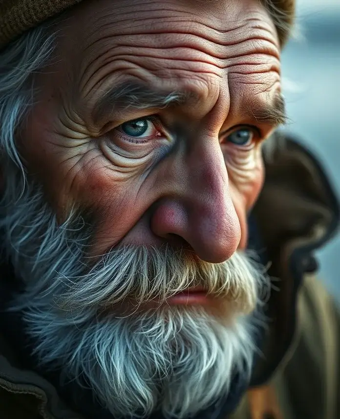 Photorealistic Midjourney result: A close-up portrait of an elderly fisherman, showcasing a classic photography style.