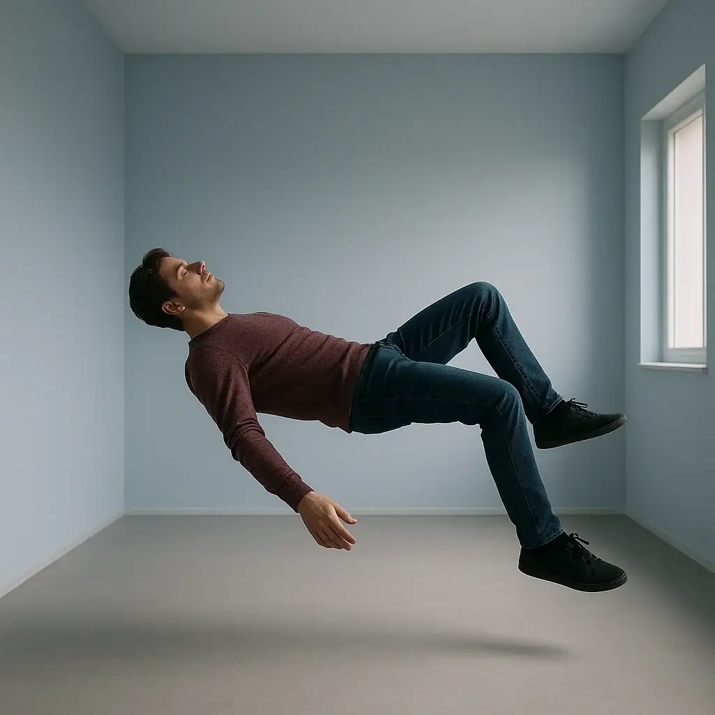 Photorealistic Midjourney result: A conceptual photograph of a person levitating in a minimalist room.