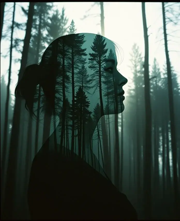 Artistic Midjourney result: A creative double exposure portrait combining a woman's silhouette with a forest landscape.