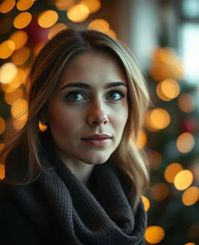 Photorealistic Midjourney result: A portrait demonstrating creative lighting with an extreme bokeh effect from background lights.