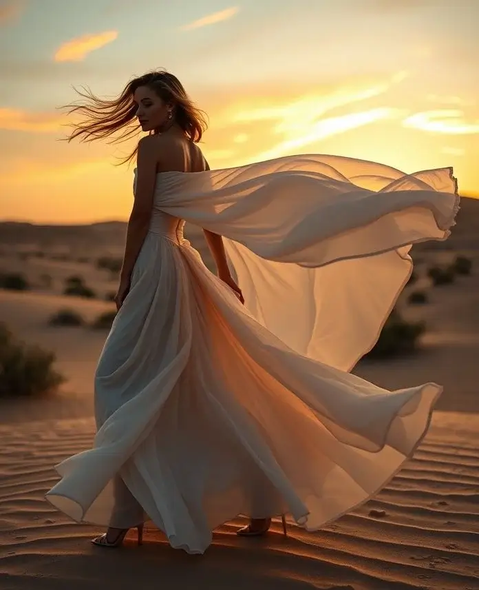 Photorealistic Midjourney result: A high fashion model in a flowing gown posing in a dramatic desert setting at sunset.
