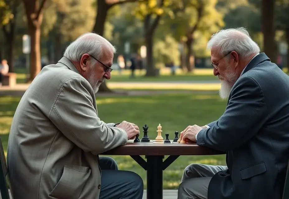 Photorealistic Midjourney result: A documentary-style photo of two elderly men playing chess in a park.