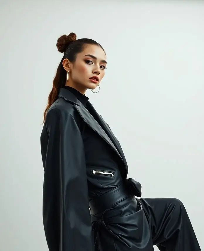 Photorealistic Midjourney result: A high fashion editorial portrait of a model in an avant-garde outfit in a minimalist studio.