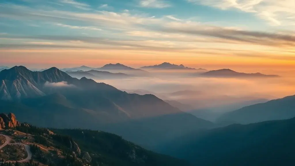 Photorealistic Midjourney result: An epic aerial drone shot of a mountain landscape at sunrise.