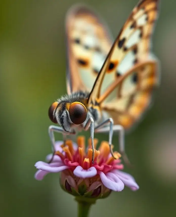 Photorealistic Midjourney result: An extreme macro photograph of a butterfly on a flower, showing sharp detail on its eyes.