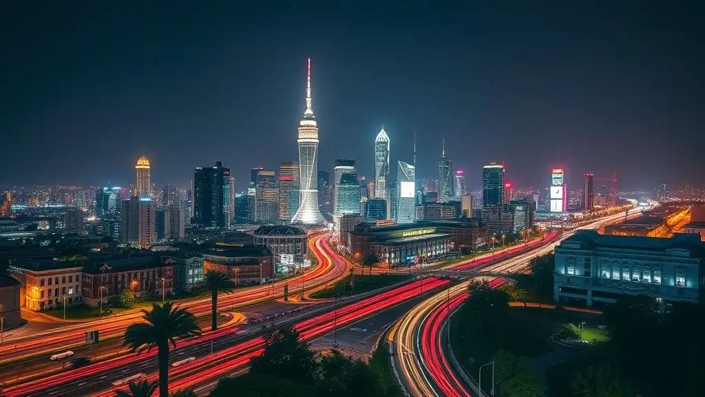 Photorealistic Midjourney result: A long exposure night photograph of a city skyline with vibrant traffic light trails.
