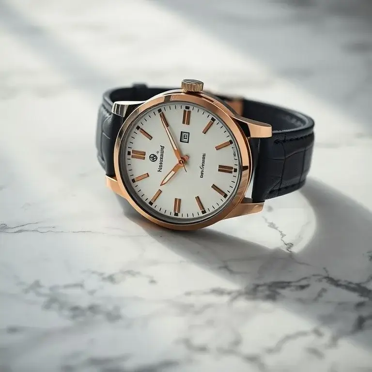 Photorealistic Midjourney result: A minimalist commercial product shot of a luxury watch on a marble surface.