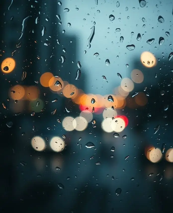 Photorealistic Midjourney result: An intimate shot looking through a rain-covered window, with out-of-focus city lights creating a bokeh effect.
