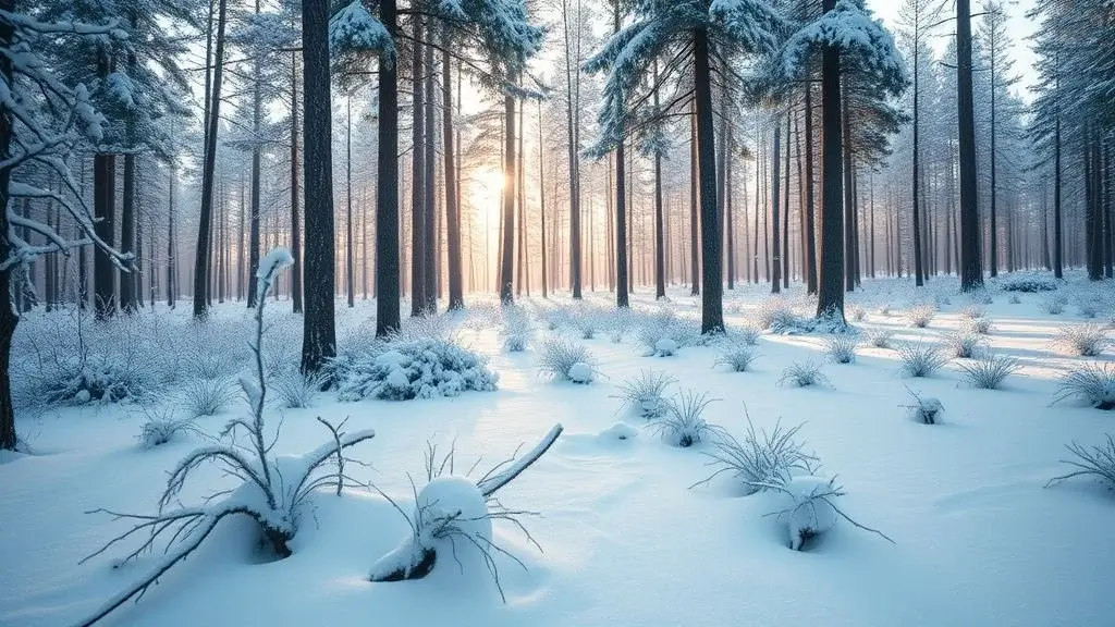 Photorealistic Midjourney result: A seasonal landscape photo of a snowy forest with fresh powder on the trees.