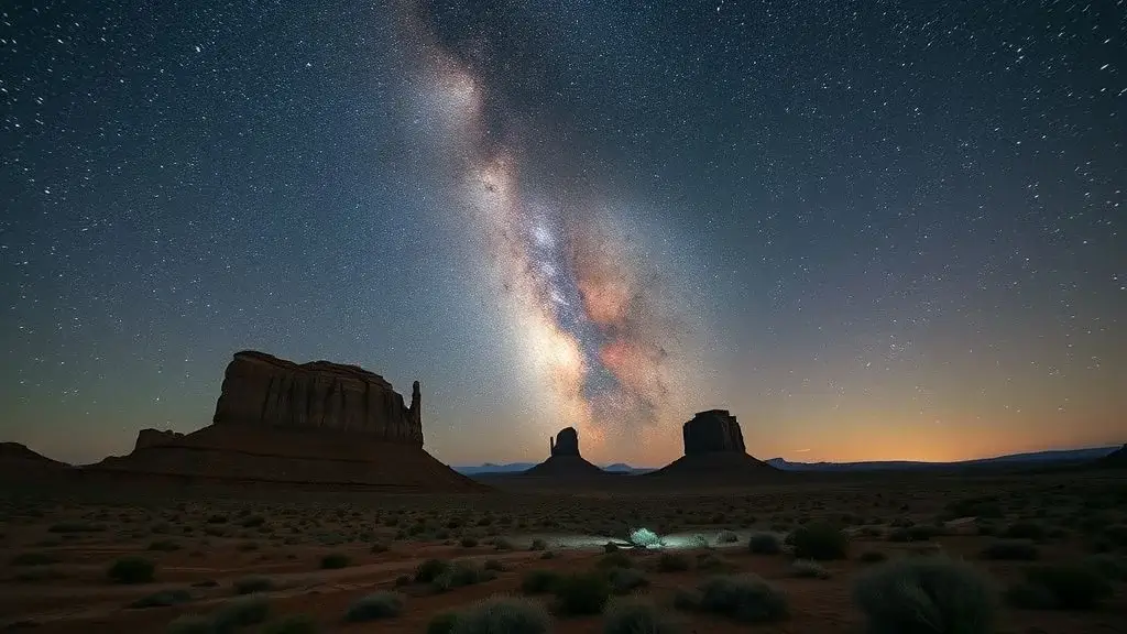Photorealistic Midjourney result: A specialized astrophotography landscape showing the Milky Way over desert formations.