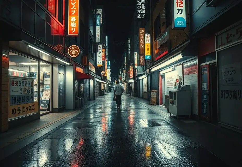 Photorealistic Midjourney result: A cinematic street photography scene of a neon-lit Tokyo alley at night.
