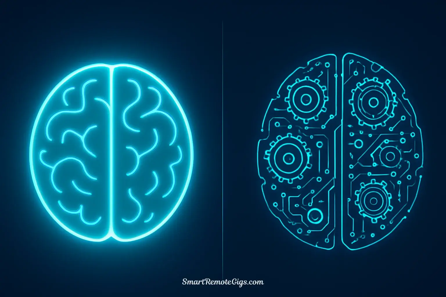 Conceptual art showing the comparison of Midjourney vs Stable Diffusion, with one simple, artistic brain and one complex, technical brain.