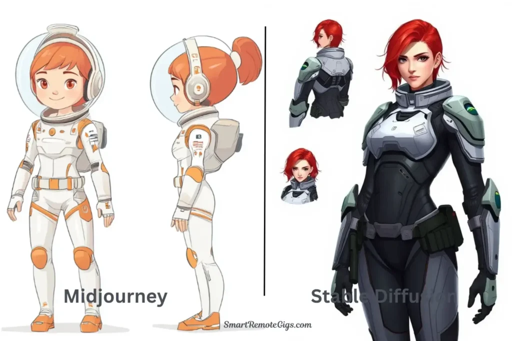 Side-by-side comparison of character consistency in Midjourney and Stable Diffusion, showing a female space explorer character sheet.