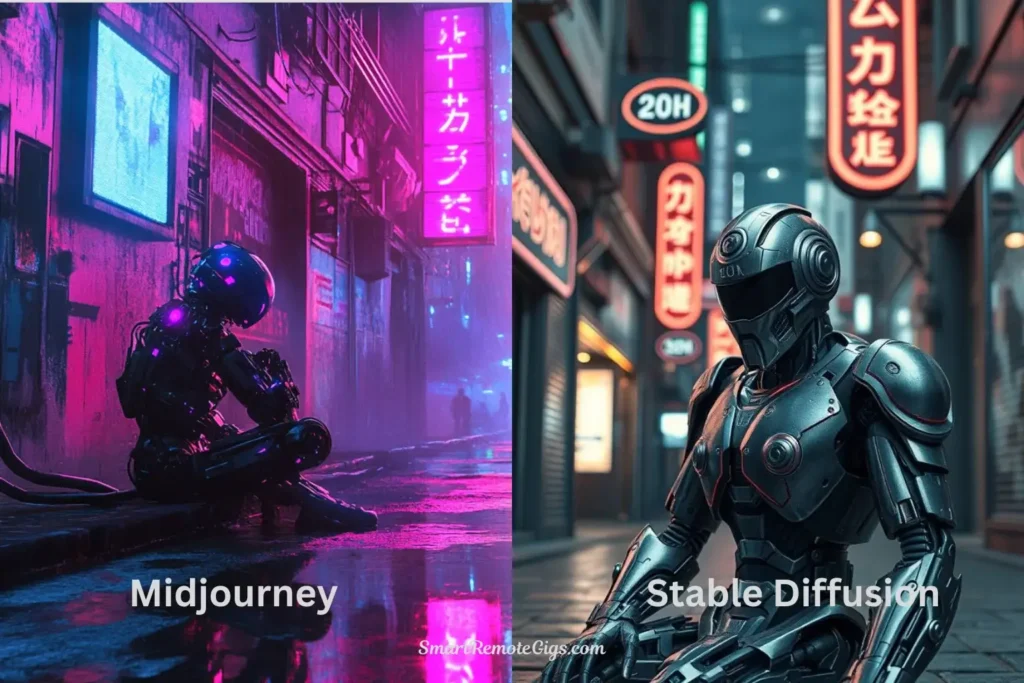Side-by-side comparison of digital art from Midjourney and Stable Diffusion, showing a robot in a cyberpunk alley to test artistic style.