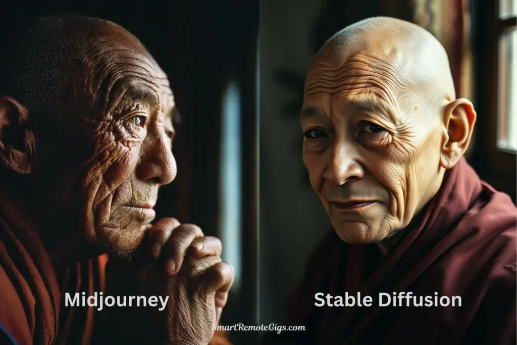 Side-by-side comparison of a photorealistic portrait from Midjourney and Stable Diffusion, showing an elderly man to test realism.